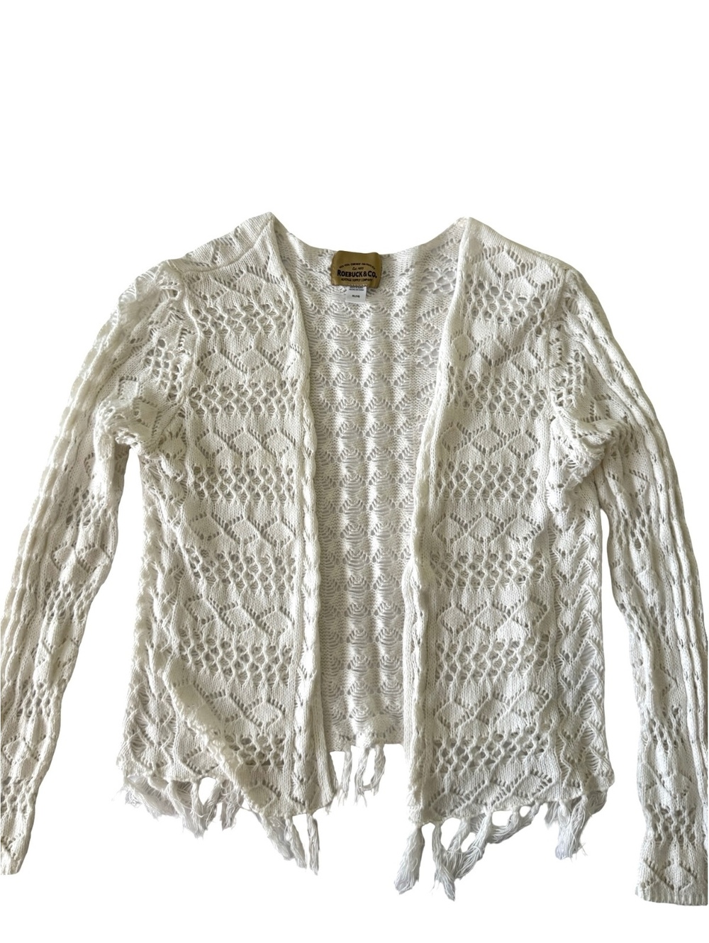 Roebuck & Co Girls XL 16 Cream Open Knit Fringe Cardigan Sweater Boho